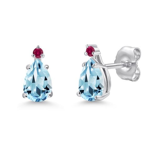 Gem Stone King 14K White Gold Sky Blue Topaz and Red Created Ruby Stud Earrings for Women | 1.04 Cttw | Gemstone November Birthstone | Pear Shape 6X4MM