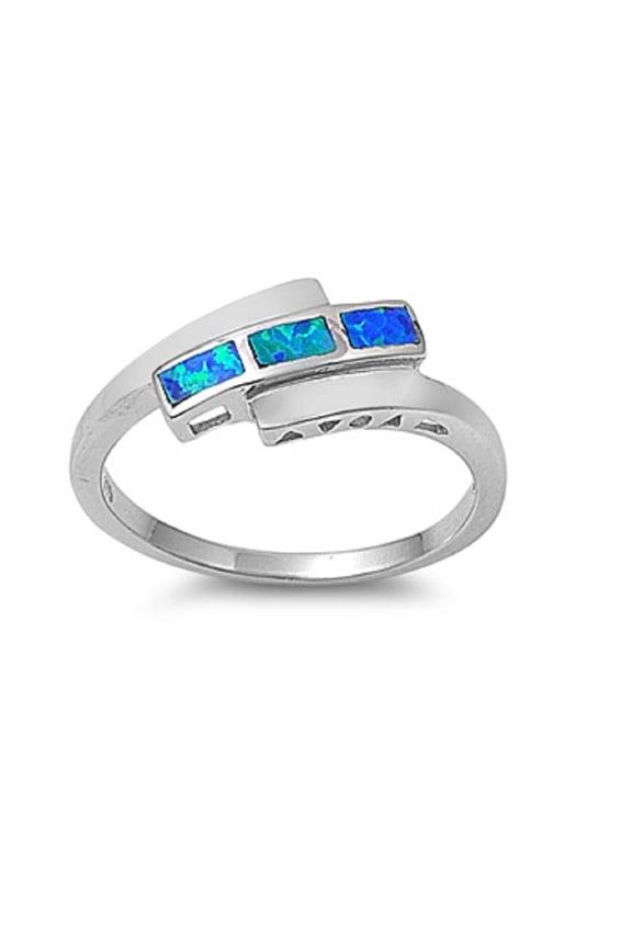 Tri Rectangular Center Blue Simulated Opal Ring Sterling Silver Size 6