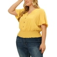 thumbnail image 4 of Agnes Orinda Women's Plus Size V Neck Short Sleeve Button Decor Smocked Shirred Blouses 1X Yellow, 4 of 7