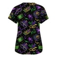 thumbnail image 3 of Mardi Gras Scrub Tops for Women Sparkly Short Sleeve Feathers Print Uniform Carnival Mask Print V Neck Nursing Scrubs with Pockets Purple M, 3 of 5