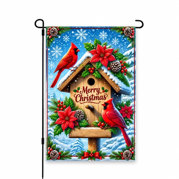 Merry Christmas Garden Flag 12x18 Inch, Festive Cardinals & Birdhouse Design, Poinsettia & Snowflakes, Perfect for Holiday Yard, Lawn, Patio Decor