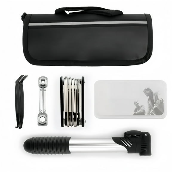 Essential Cycling Repair Tool Set Featuring Tire Inflator and Wrench