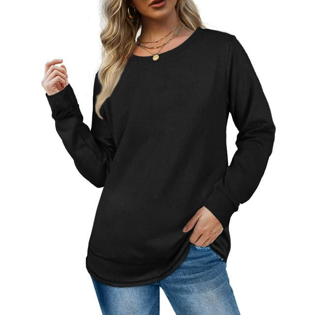 Qertyioot Hauts de Mode pour Femmes, Pull-Over à Manches Longues à Col Rond Uni pour l'Automne et l'Hiver