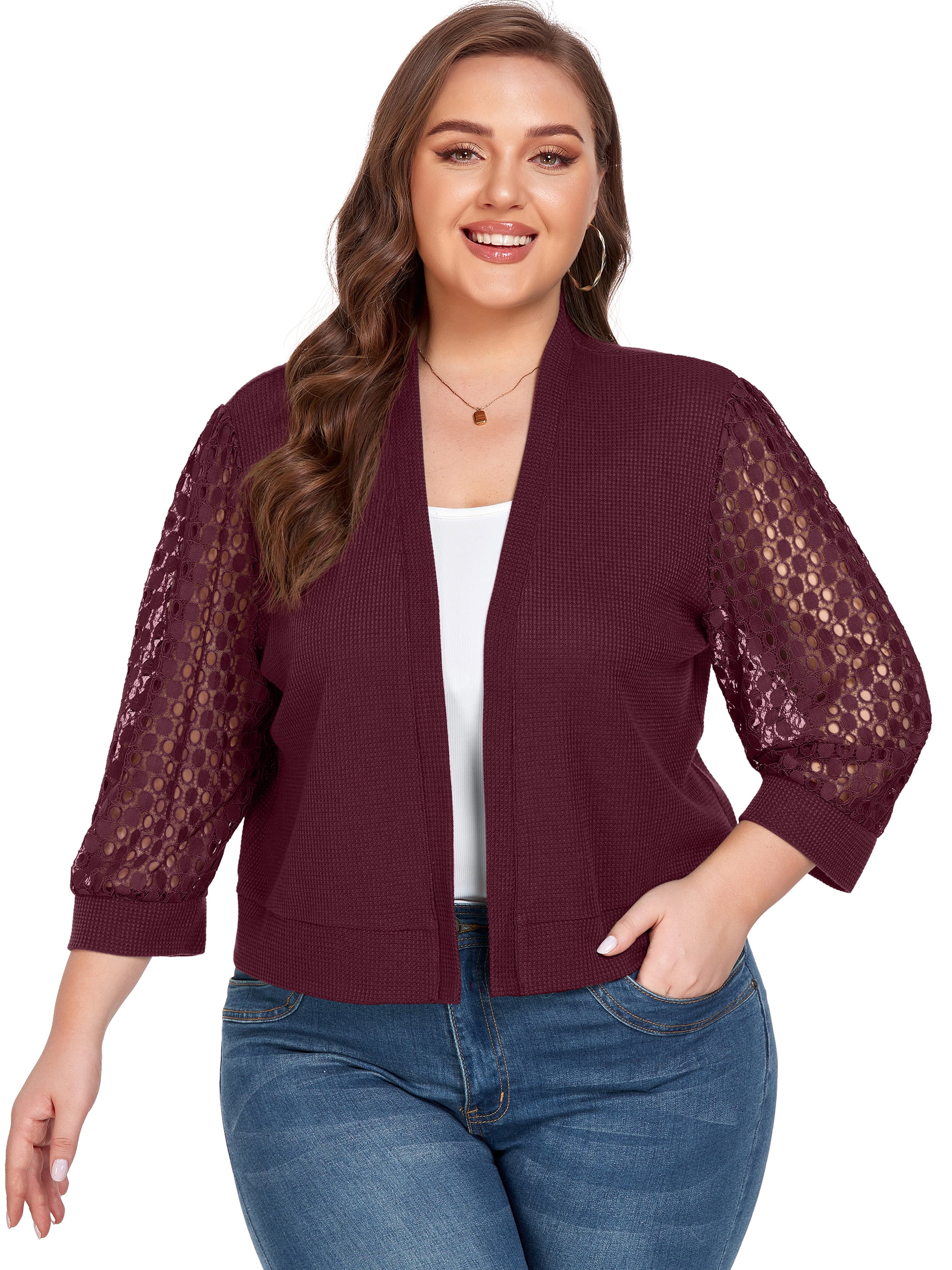 Cueply Womens Plus Size Cardigan Shrugs 3/4 Sleeve Open Front Cropped
