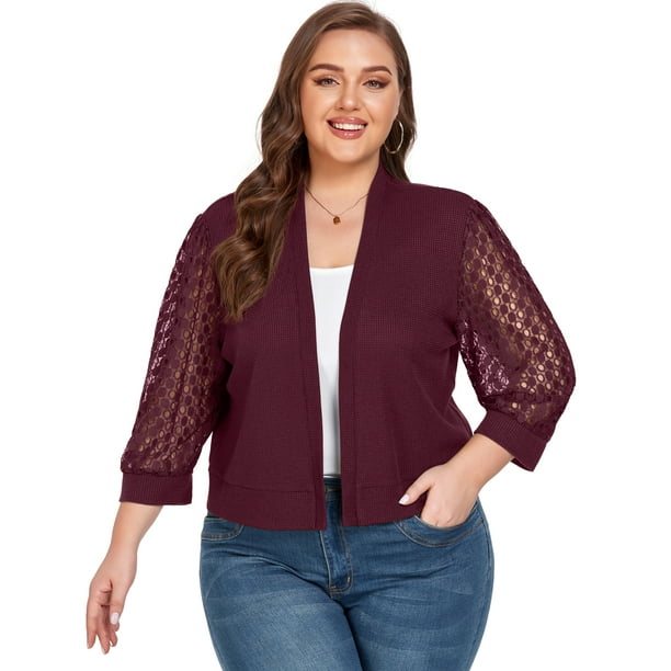 Cueply Womens Plus Size Cardigan Shrugs 3/4 Sleeve Open Front Cropped ...
