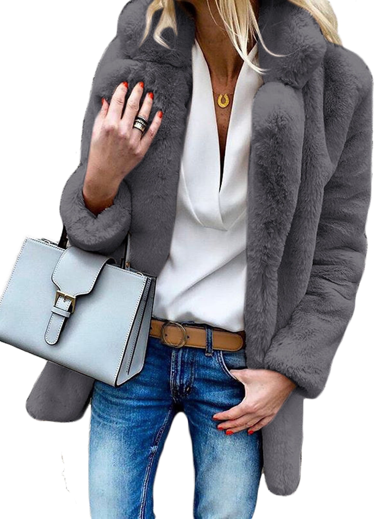 Lallc Women's Winter Teddy Bear Fleece Fur Coat Collar Cardigan Open