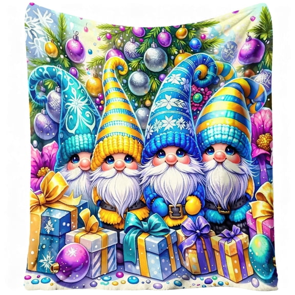 1pc Cozy Christmas Gnomes Flannel Blanket - Soft Warm 280gsm All-Season Bedspread with Cute Gnome Print (Blue Yellow Green) for Bed, Sofa, Couch