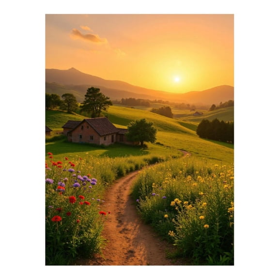 Diamond Art Kit for Adults, Sunset Rural Pathway Meadow Flowers Diamond Painting for Adults Beginners, DIY Diamond Art Painting Kits, 5D Diamond Painting Crafts for Home Decor 12x16 Frameless