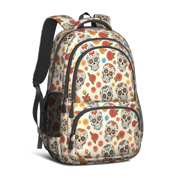 Skull and Flower Gothic Pattern Cute School Backpack Bag with Padded Back and Adjustable Shoulder Straps 16.9 X 12.6 X 5.9 Inches