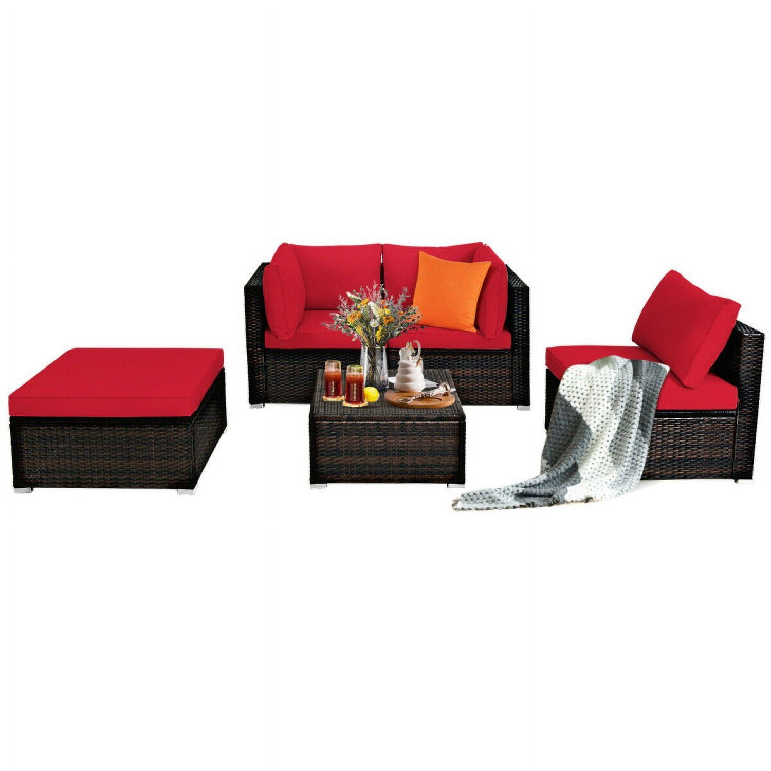 Aimee Lii 5 Pieces Patio Rattan Sectional Conversation Ottoman Furniture Set, Outdoor Patio Set, Red