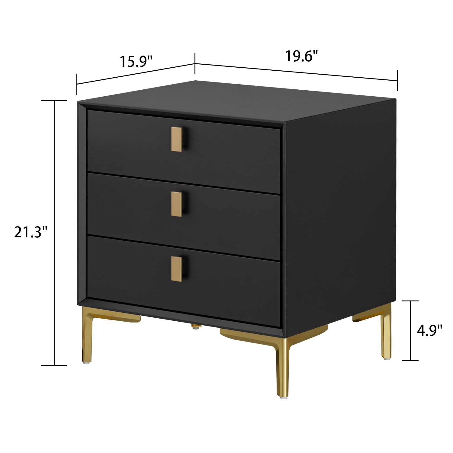 MONSLIPA Nightstand End Table with 3 Drawers, Black Bedside Table with Gold Metal Legs for Bedroom and Living Room