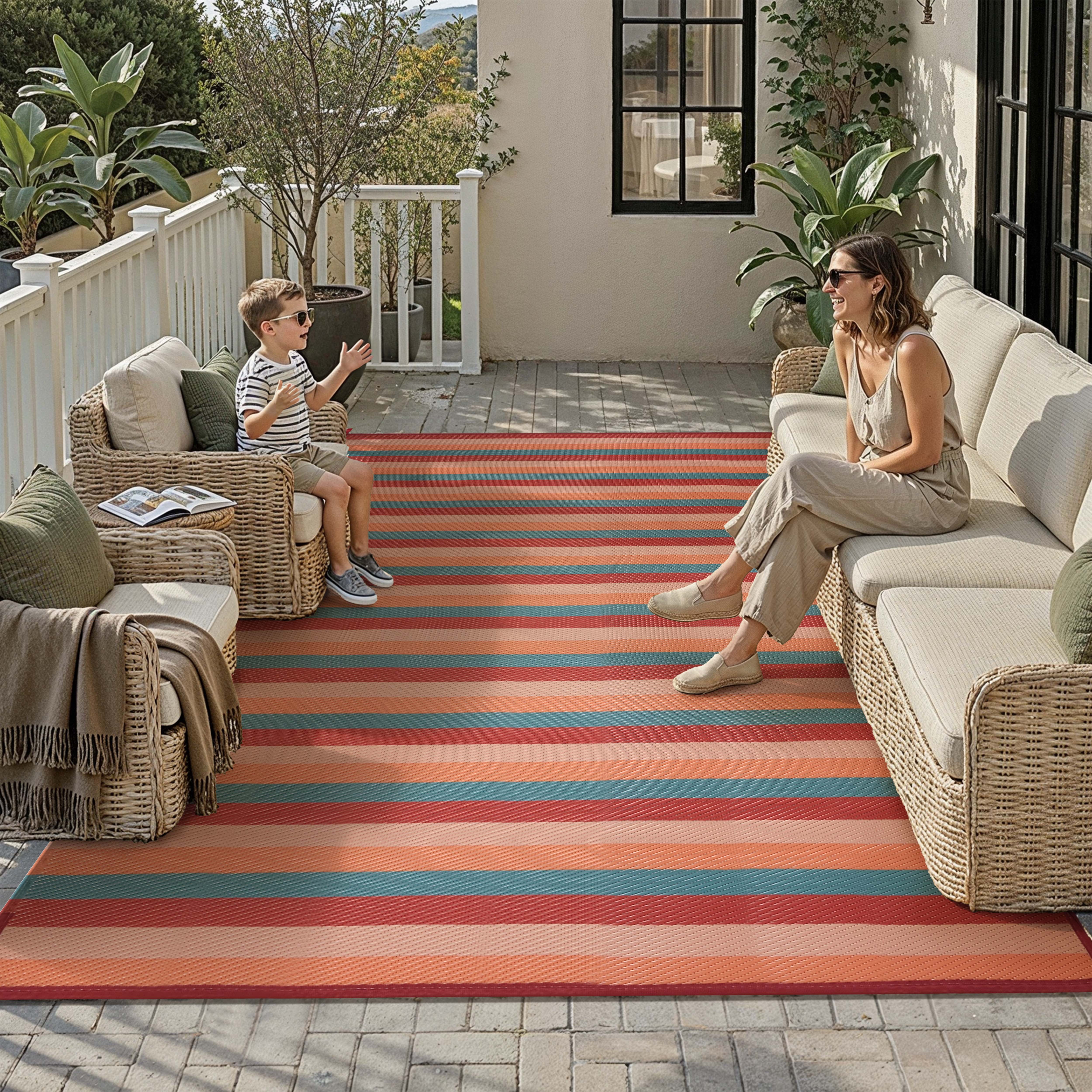 BERTHMEER Outdoor Rugs 5'x8' for Patio on Sale Clearance,Waterproof Reversible Rugs for RV,Deck,Camping,Beach,Picnic,Backyard,Garden and Balcony Plastic Straw Rug,Red&Orange Stripes