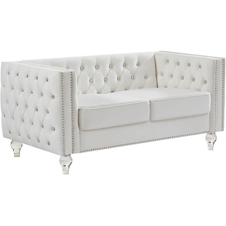 Modern Velvet Upholstered Loveseat Sofa Couch, 2 Seater Sofa with Removable Backrest Pillows, Sofa with Crystal Feet for Living Room, Bedroom, Office, Apartment (Beige)