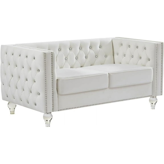 Modern Velvet Upholstered Loveseat Sofa Couch, 2 Seater Sofa with Removable Backrest Pillows, Sofa with Crystal Feet for Living Room, Bedroom, Office, Apartment (Beige)