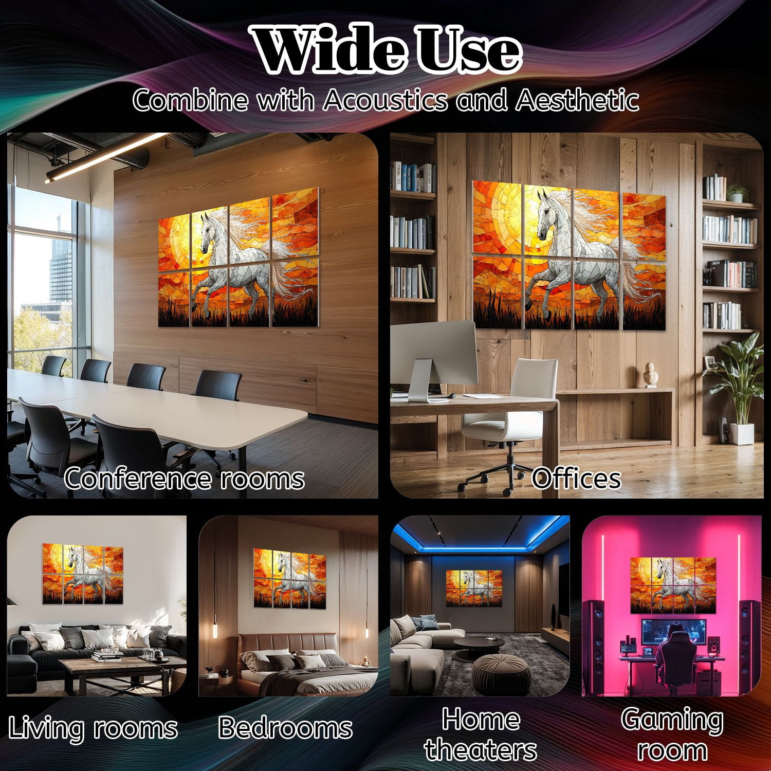 Stained Glass Style 8 Pack Art Acoustic Panels Sound Absorbing White Horse Sunset Decorative Soundproof Wall Panels Self Adhesive for Nursery Game Room Bedroom 48"x32"