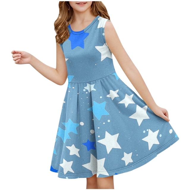 RXIRUCGD 2025 Vêtements d'Été pour Enfants Filles Robe Sans Manches Extensible Ligne A Évasée Patineuse Récital d'École Robe à Manches Courtes à Col Rond