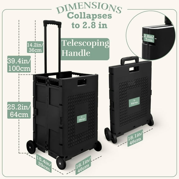 Collapsible Ultra-Slim Pack-N-Roll 4 Wheel Utility Cart, Upto 55 Lbs, Telescopic Handle,  for Home, Garden, Shopping, Office, School, Laundry, Folds down to 3" Medium, Tall, Bl