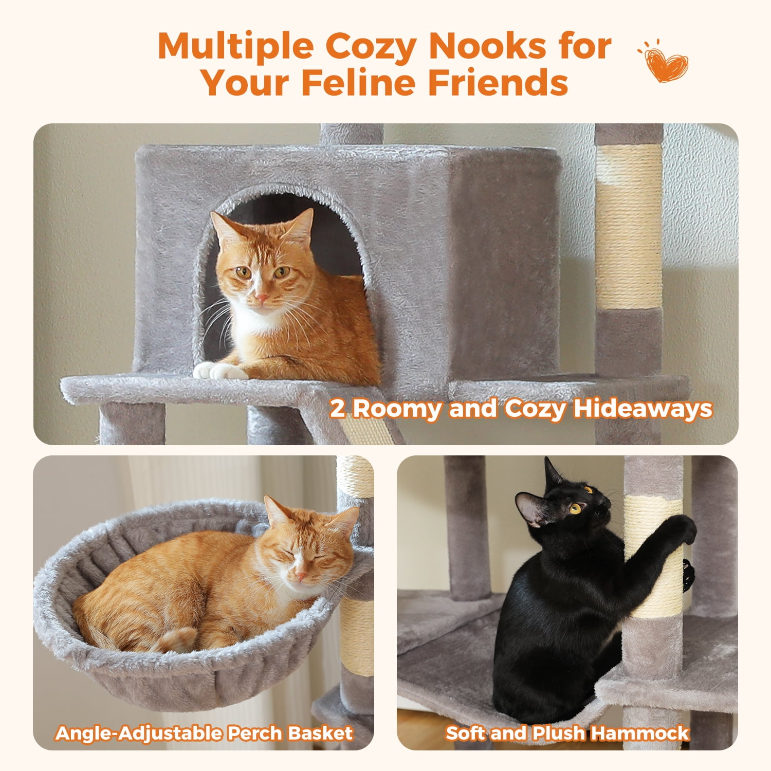 Pefilos 70.8" Tall Cat Tree for Adult Indoor Cats, 8-Levels Large Cat Tower with 8 Sisal Posts, 2 Hammocks, 2 Condos, Big Perch & 3 Pom Poms, Beige