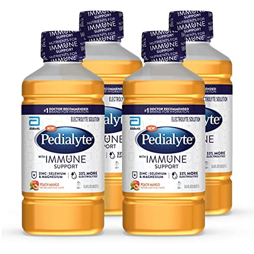 Pedialyte with Immune Support, 4 count, Electrolytes with Vitamin C and Zinc, Advanced Hydration with PreActiv Prebiotics, Peach Mango, Electrolyte ...