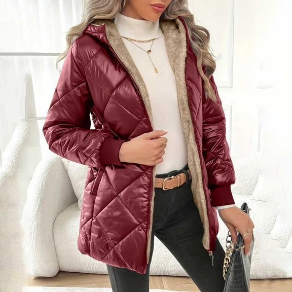 LEKWK Fleece Lined Quilted Jackets for Women Zip up Sherpa Padded Winter Coats Long Sleeve Hooded Thermal Jacket with Pockets Outerwear