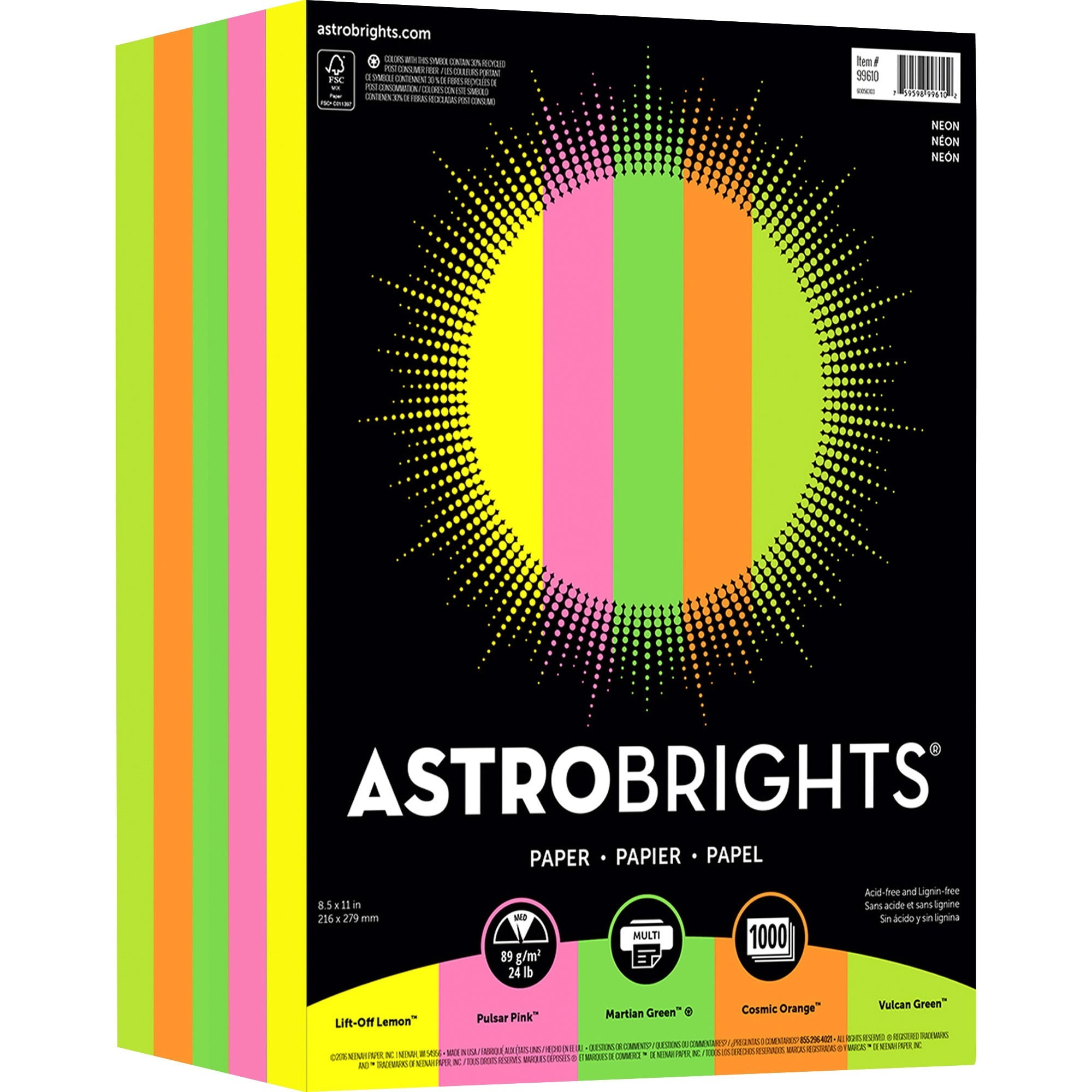 Astrobrights, NEE99610, Color Paper "Neon" 5Color Assortment, 1000