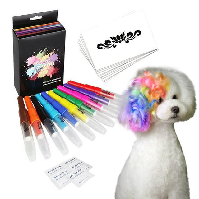 OPAWZ 10pcs Blow Pen Temporary Dog Hair Dye with 24pcs Tattoo Stencil