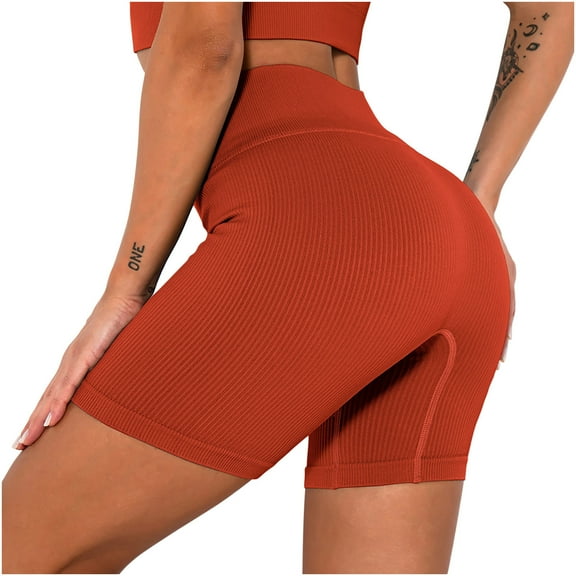 Women Workout Yoga Shorts Seamless Running Shorts Solid Ribbed Knit Leggings High Waist Biker Shorts Hip Lift Yoga Pants