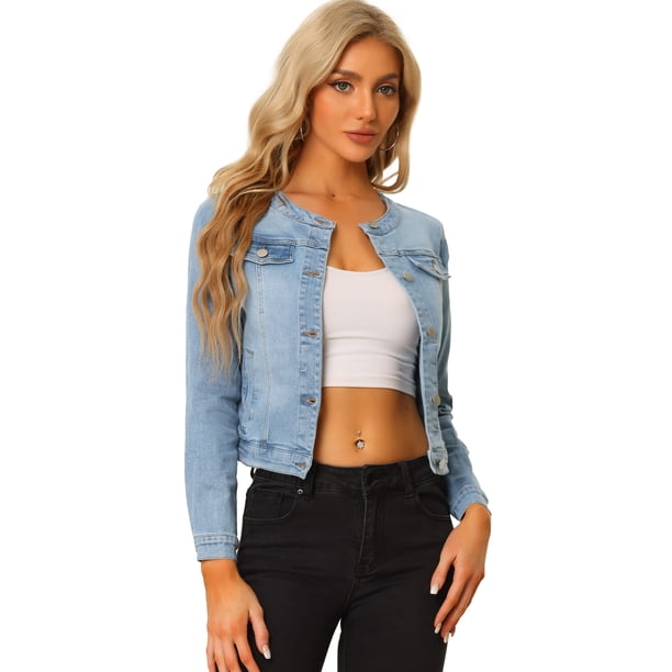 Chaqueta de mezclilla Allegra K para Mujer Manga Larga Sin Cuello Con Botones Azul Claro L