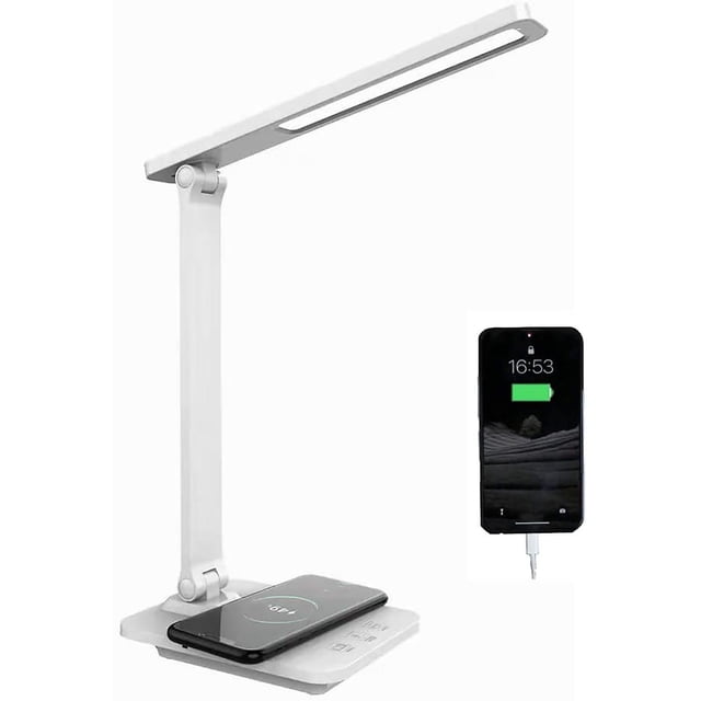 Lámpara de escritorio LED de carga inalámbrica, 3 colores regulables 3000K-6000K, función de memoria de 10 W, carga inalámbrica y puerto de carga USB, protección para los ojos, luz de noche