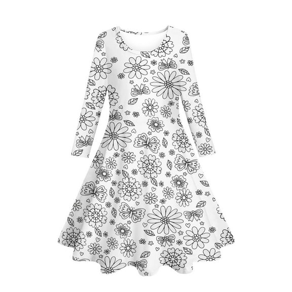 Girls Coloring Dresses Long Sleeve Casual Cute Dress Twirly DIY Hand Printed Dresses, White, 6 Years