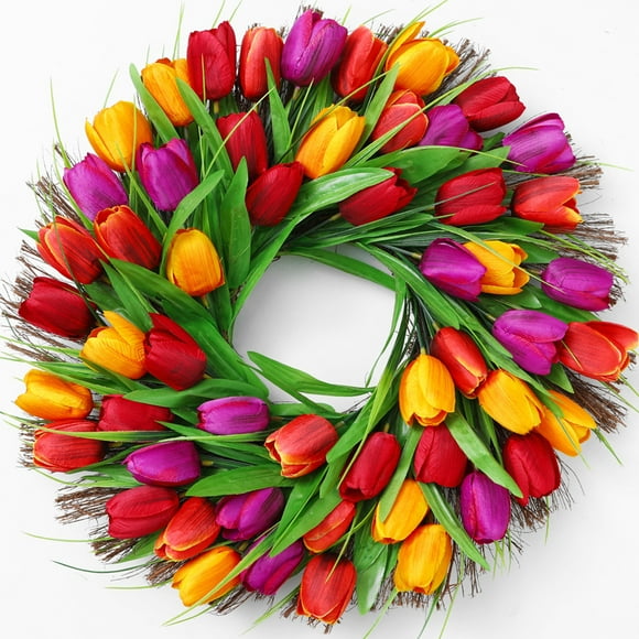 Guirnalda de tulipanes de simulación de primavera, decoración del hogar, corona colgante para puerta, decoración del festival de Navidad, anillo de ratán para colgar en la pared