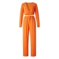 thumbnail image 1 of VISgogo Conjunto de 2 piezas de pantalones para mujer, blusas cortas con cuello en V de manga larga de color sólido con cordones + pantalones de pierna ancha VISgogo  moda, 1 of 8