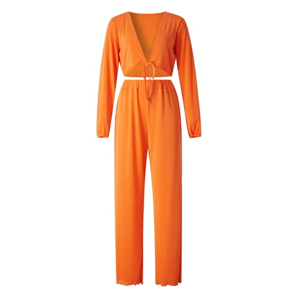 VISgogo Conjunto de 2 piezas de pantalones para mujer, blusas cortas con cuello en V de manga larga de color sólido con cordones + pantalones de pierna ancha VISgogo moda