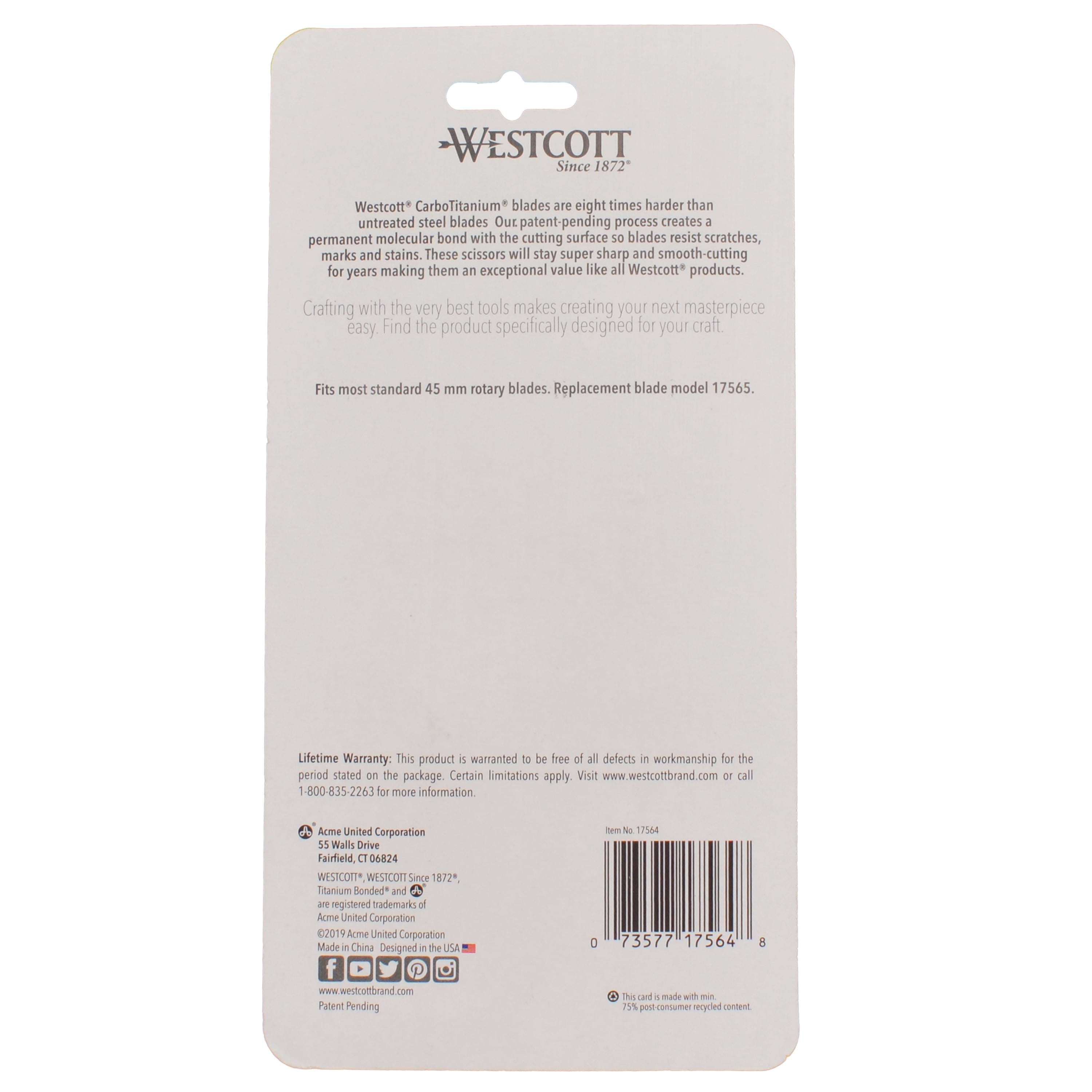 Westcott 45mm Rotary Fabric Cutter, Carbo Titanium Blade, Green and White, Craft & Sewing Tool, 1-Count