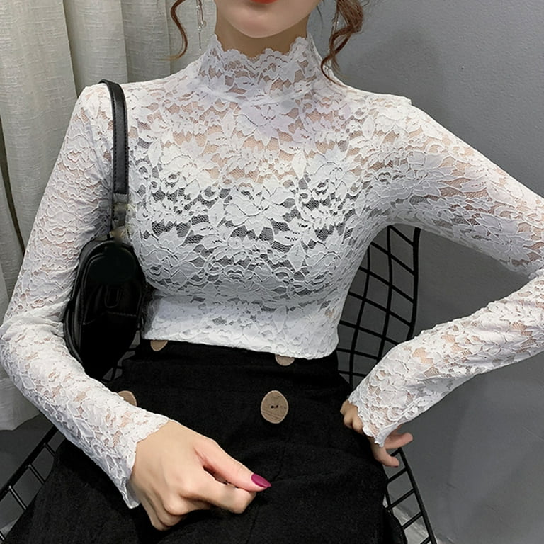 Fusipu Elegant Women Turtle Neck Long Sleeve Floral Lace Blouse