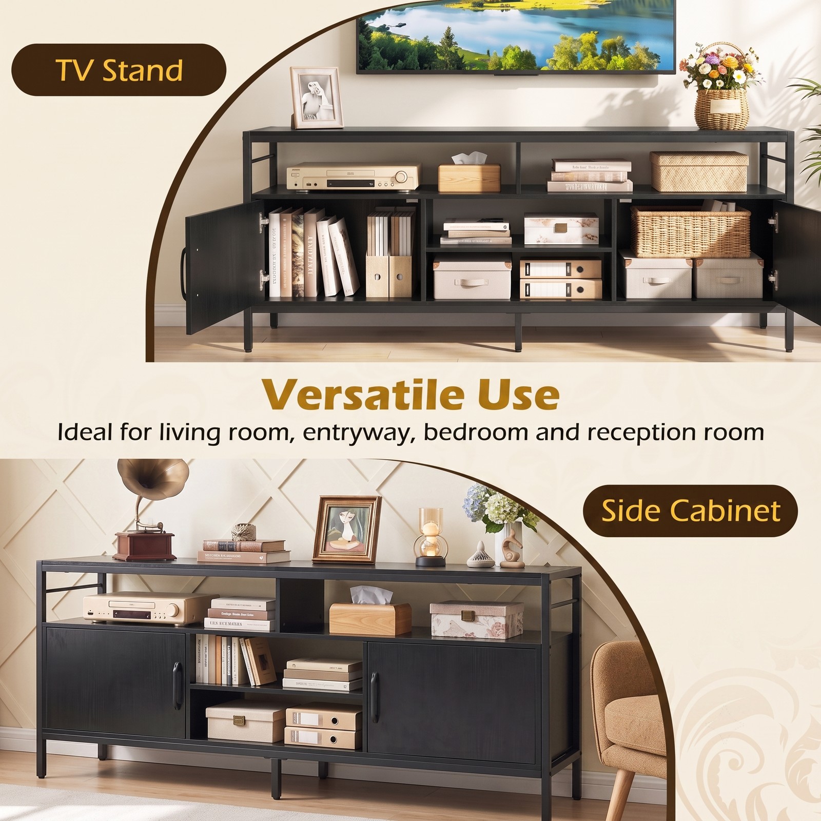 Furnibear 58 Inch Industrial TV Stand for TVs up to 65 Inch, Wood Entertainment Center Media Console with 2 Cabinets, 4 Open Shelves and Adjustable Middle Shelf, Black