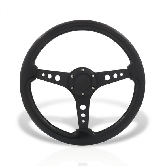 AJP Distributors Universal 350mm 14" 6 Bolt Hole Heavy Duty Aluminum Steering Wheel Black Wood Grain Deep Dish 3 Spokes Light Weight   Horn Button Replacement JDM Drifting VIP Sport