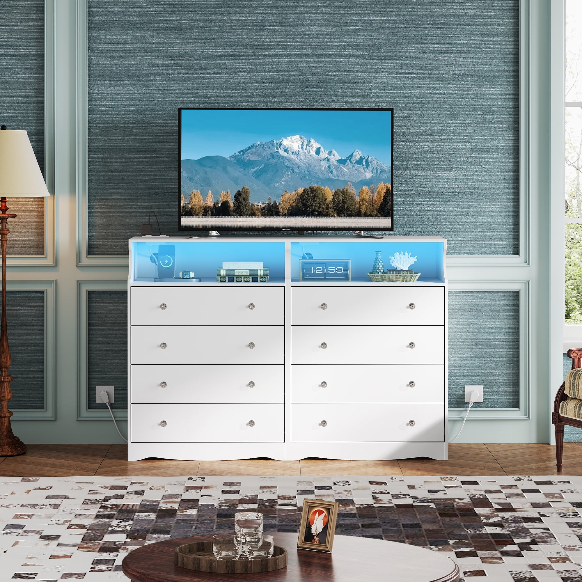 GALAXHERO 4 Drawers Dresser for Bedroom, Tall White Dressers with  LED Open Shelf, Modern Chest of Drawers with Charging Station, Wood Closet Clothes Organizer Storage Cabinet