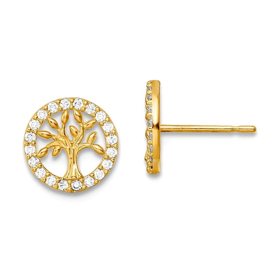 14k Gold Polished White Cubic Zirconia Tree Of Life Post Earrings 7.6x7.6mm Wide Stud Earring for Women
