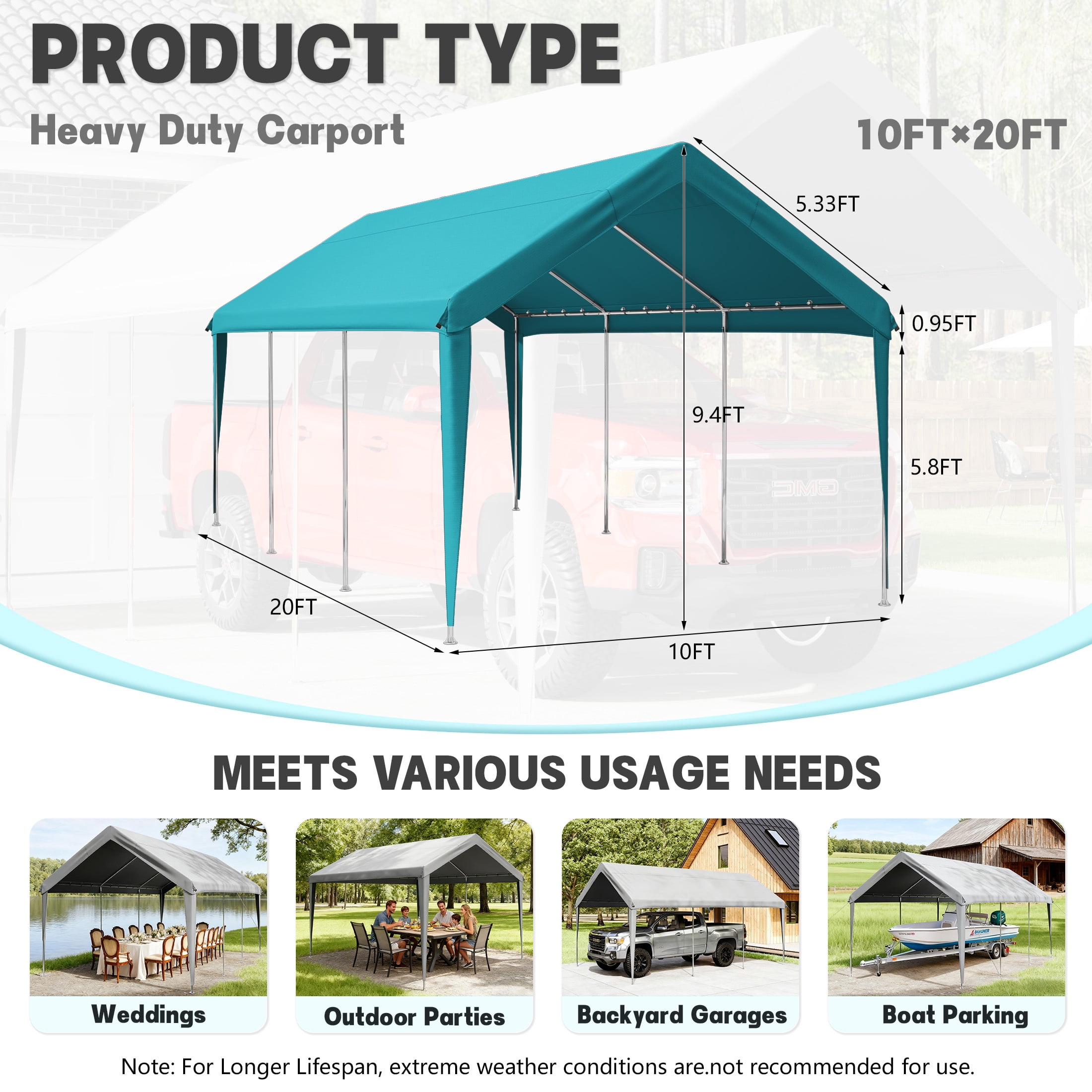 Snubbull 10x20 FT Upgraded Replacement Canopy Top Cover, Heavy-Duty Oxford Fabric for Outdoor Carport, Garage Shelter, Party Tent (Includes 34 Ball Bungees, Frame Not Included) Lake Blue