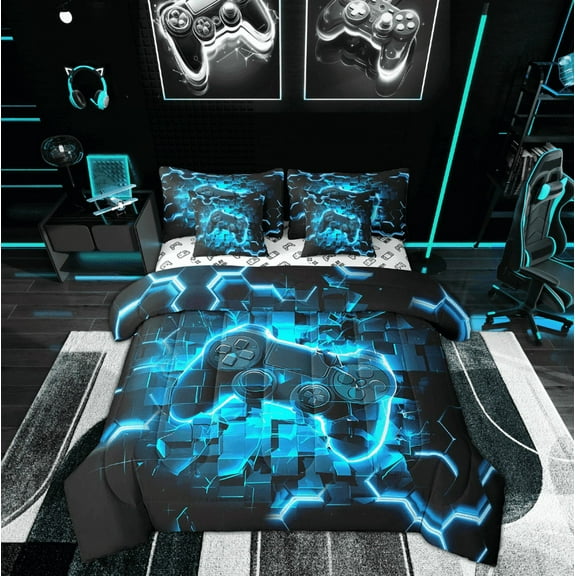 Manfei Game Console Bedding Sets Twin Size, Neon Blue Gamepad Bed in a Bag Twin size, Modern Video Game Reversible Comforter Sets with Sheets, Ultra Soft Bedroom Decor, 7-Piece