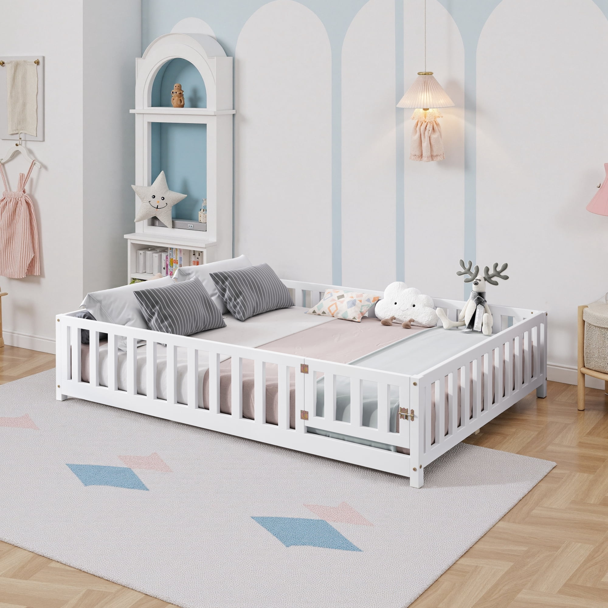 Leumius Full Size Floor Platform Bed Frame with Fence and Door for Kids, Montessori Floor Bed Frame with Support Slats for Toddlers White