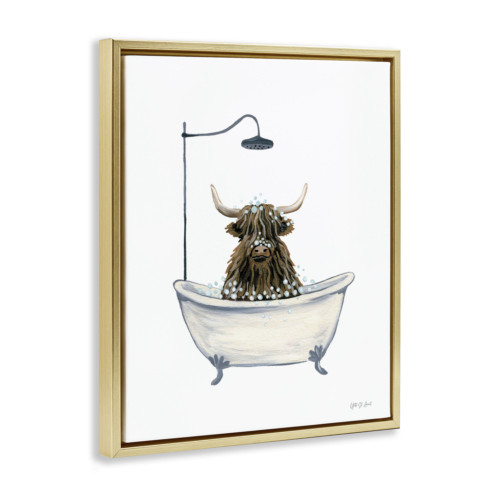 Stupell Industries Highland Cow Bathtub Typography Painting Gold Floater Framed Canvas Art Print Wall Art, 25 x 31
