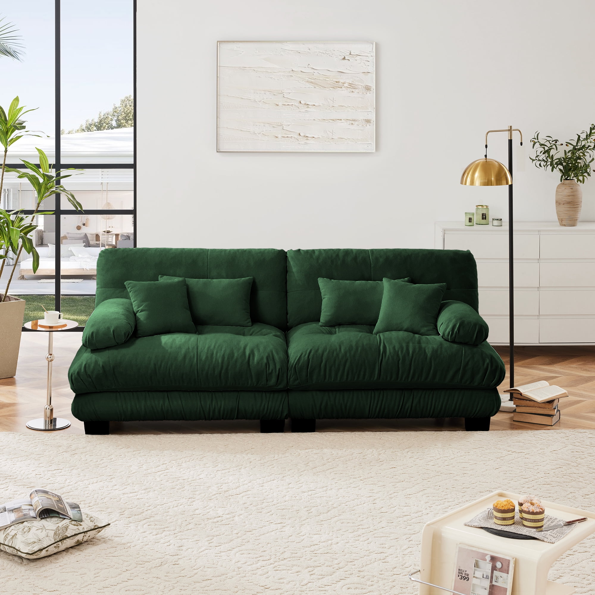 MAYEERTY 99.4in 2 Seater Cloud Sofa Couch for Living Room, Chenille Loveseat Sofa with 2 Lumbar Pillows and 2 Throw Pillows, Green