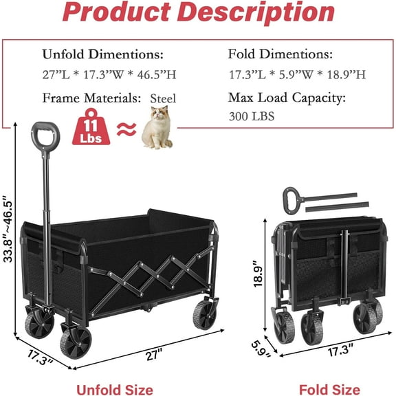 Foldable Wagon Cart with Wheels - Collapsible Heavy Duty 300LBS for Beach, Camping, Grocery & Garden