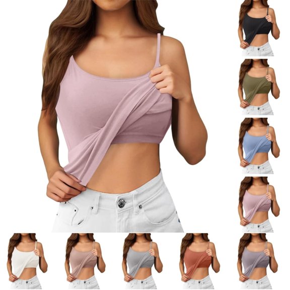 Bmisegm Built In Bra Tank Tops For Women Sports Sleeveless Spaghetti Strap Padded Camisole Wireless Bra Cups Womens Casual Tops Pink XL