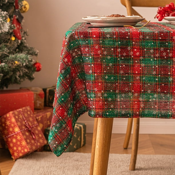 Xiao Hua Mantel rectangular a cuadros navideños para decoración de fiestas navideñas de estilo rústico. Cuadrícula verde doble con pequeños copos de nieve. Tamaño C: 55 x 55 pulgadas.