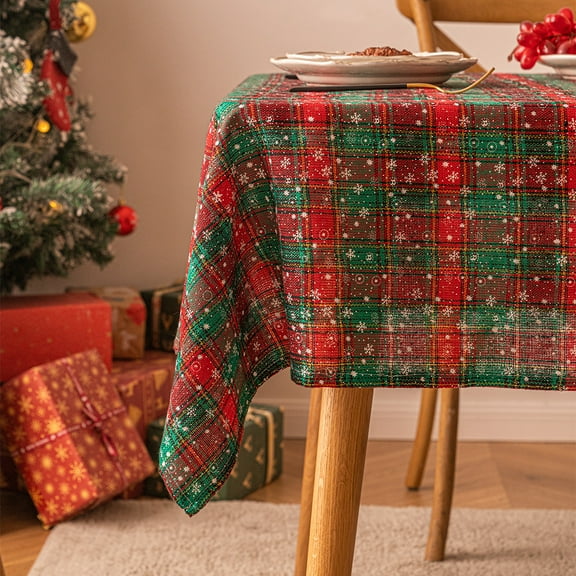 XmhyTop Transform Your Holiday Table with Our Christmas Plaid Tablecloth – Perfect Rectangle Table Cover for Christmas Party Decoration-Double green grid small snowflakes-SIZE E:55*78.7inch