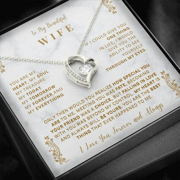 To My Beautiful Wife Necklace Love Message Card Anniversary Birthday or Marriage Gift, White Forever Love Necklace