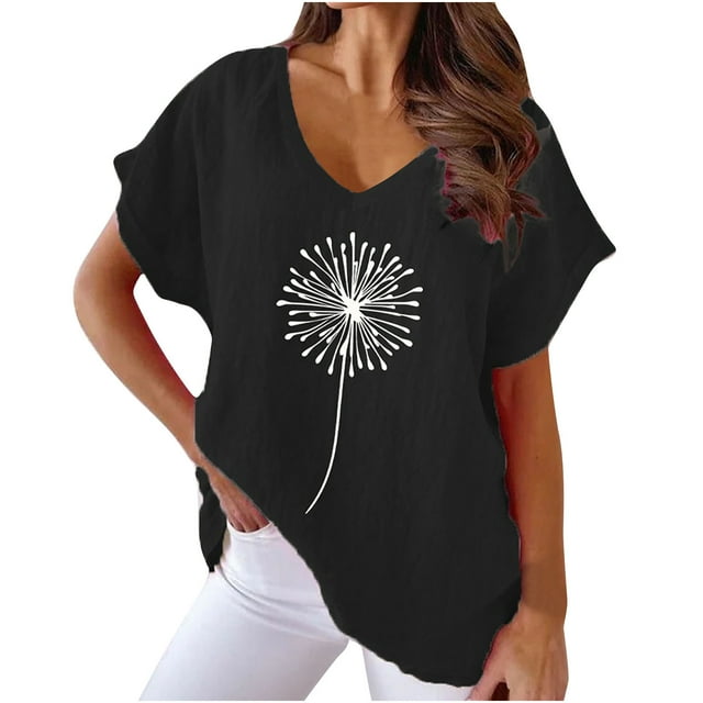 Hauts d'Été pour Femmes Col en V Imprimé Coton Lin Manches Courtes T-Shirts Décontractés Légers Blouse Habillée